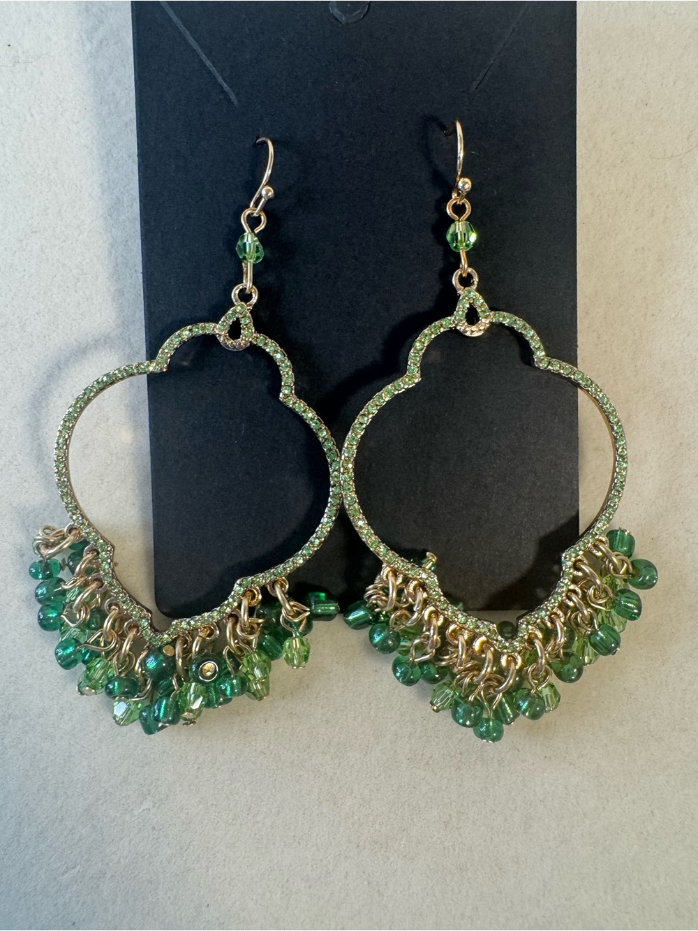 NWOT Sequin Gold-Tone Green Beaded and Rhinestone Hoop Earrings